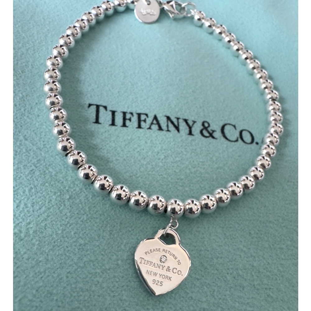 Tiffany & Co. Diamond Blue Enamel Return RTT Heart Bead Ball Bracelet7.5Inches